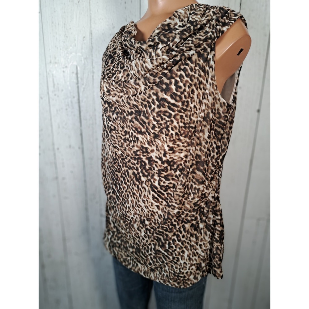 Worthington Womens Large Leopard Print Cowl Neck Sleeveless Blouse Brown Black L